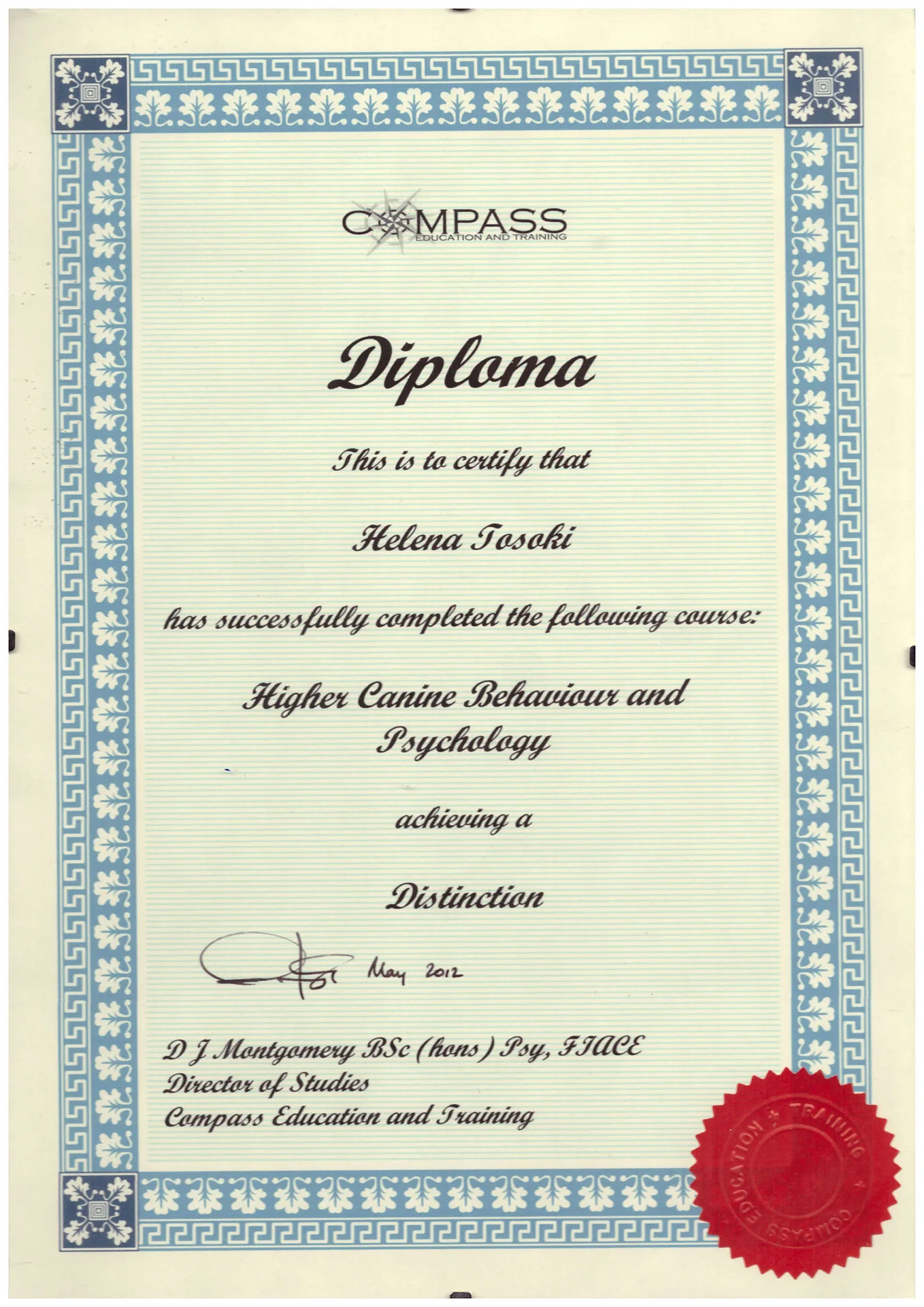 Tósoki Heléna kutyapszichológus diplomája